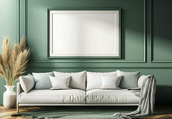 Modern interior design mockup with a blank poster frame on a green wall background and a white sofa
