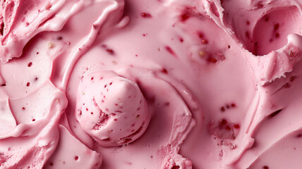 Close-up of strawberry ice cream with intense pink tones and glossy texture. Summer ice cream concept background.