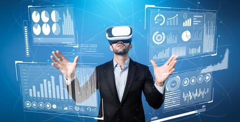 Skilled business man looking data analysis while planning strategy by using visual reality glasses. Professional smart investor checking financial graph holographic while wearing VR goggle. Deviation.
