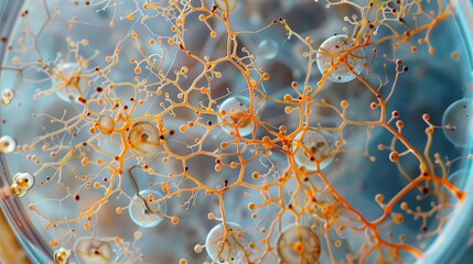 mesmerizing fungal network vibrant hyphae display in petri dish microscopic biodiversity illustration
