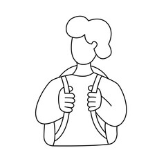 Girl with school backpack on her back. Line illustration, editable stroke