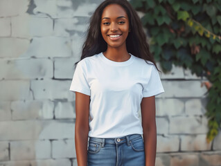 A young black woman in jeans and white t - shirt is smiling.
