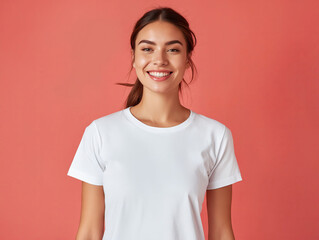 A woman in white t - shirt smiling.