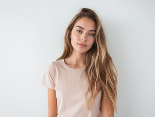Obraz premium A beautiful woman in a beige top and jeans.