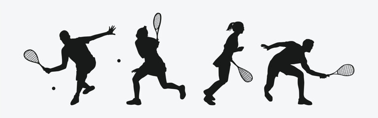 Squash player silhouettes set. Male and female athletes, sport theme. Isolated on white background. Vector illustration. © Irkhamsterstock