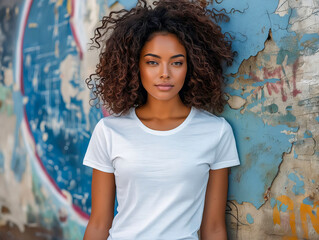 Fototapeta premium A beautiful woman with curly hair leaning against a wall.