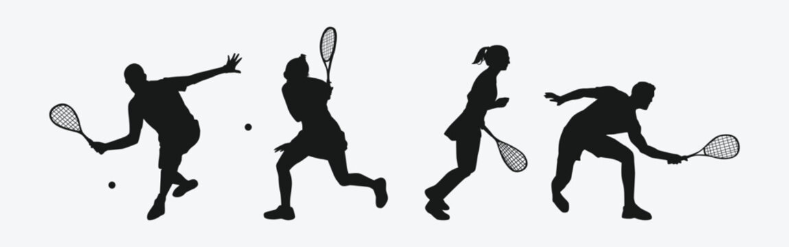 Squash player silhouettes set. Male and female athletes, sport theme. Isolated on white background. Vector illustration.