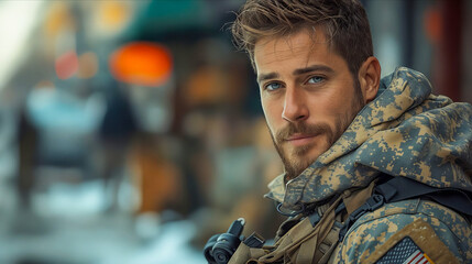 Fototapeta premium A man in military clothing is looking at the camera.
