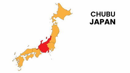 Chubu Map in Japan. Vector Map of Japan. map of the provinces of Japan. Regions of Japan.