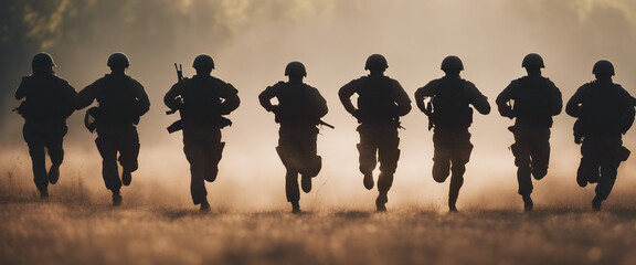 silhouette of soldiers on a morning run, lined up in a row in an open field
