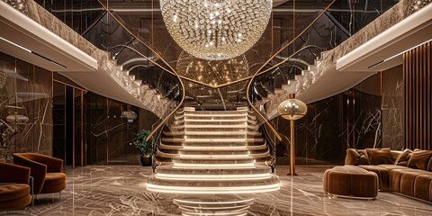 Obraz premium Interior design villa staircase with tubular chandelier in the center made with hundreds of bright diamonds going down in the middle of the staircase, luxury sofa and armchairs, marble and gold.
