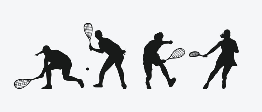 Squash player silhouettes set. Male and female athletes, sport theme. Isolated on white background. Vector illustration.