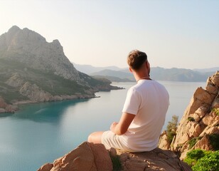 A person is sitting on a rock overlooking a body of water - Powered by Adobe