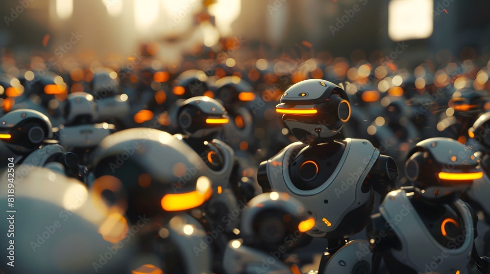 Poster a swarm of robots working together to accomplish a complex task, mirroring the collective behavior s