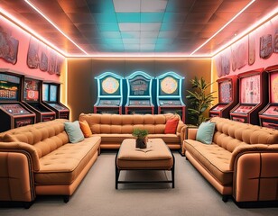 A retro arcade room with a sectional sofa set, classic arcade games, and neon signage for a nostalgic gaming space.