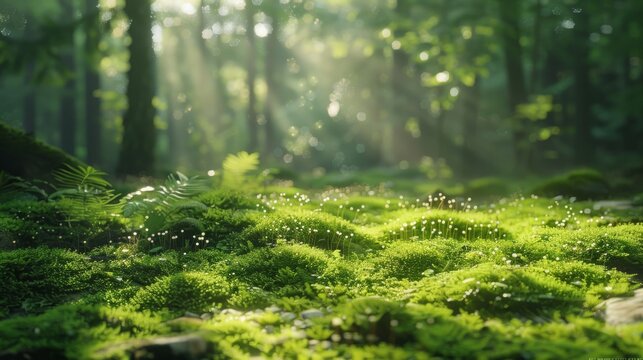The photo shows a lush green moss-covered forest floor with a beautiful soft focus.