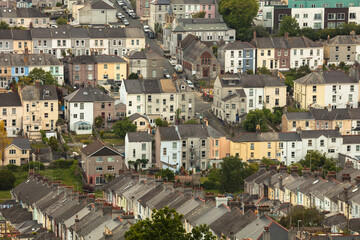 Fototapeta premium Mosaic of crowded townhouses, terraced housing, Plymouth, Devon, England, UK