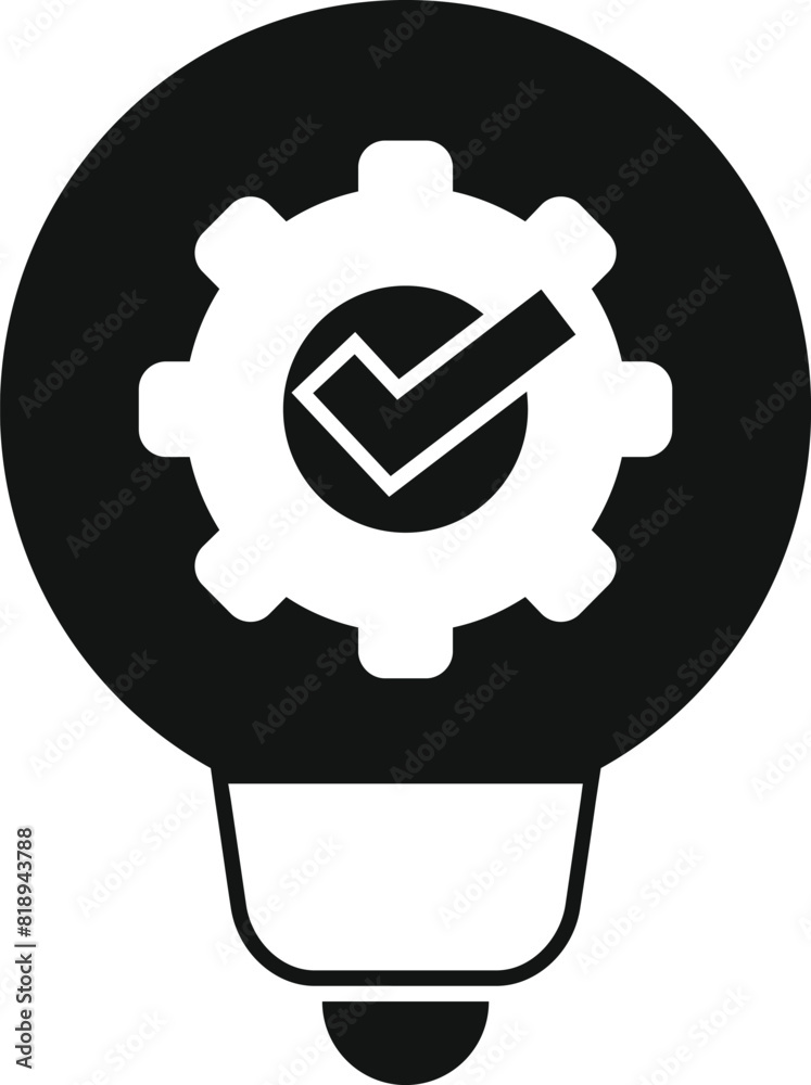 Sticker black and white icon of a light bulb with gears and check mark indicating a successful idea or solut