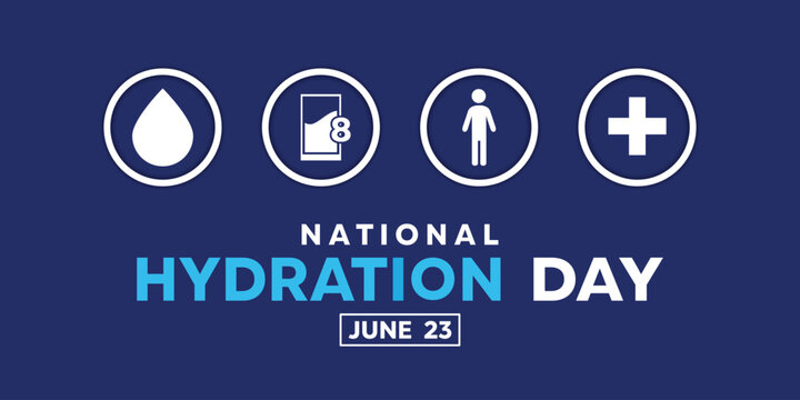 National Hydration Day. Water, glass, people and plus icon. Great for cards, banners, posters, social media and more. Blue background. 