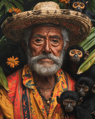 A man in a straw hat with monkeys.