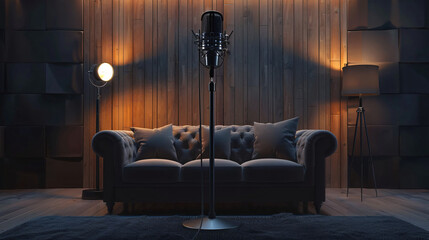 Stand with professional microphone near sofa with mode