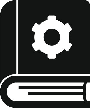 recommend clip art: Vector icon of technical manual book with gear symbol for technology instruction and guide. Black and white design for engineering illustration of machinery learning and reference