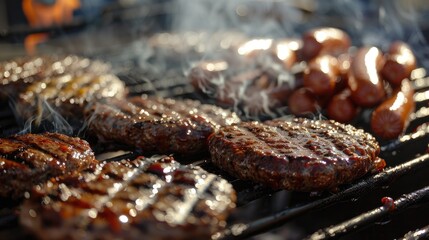 Close-up of grilling burgers and hot dogs on a barbecue with smoky and juicy meat patties and sausages, perfect for a summer cookout.
