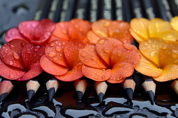 Delicately adorned with raindrops, vibrant flower petals lie serenely atop an arrangement of black colored pencils, their vivid hues creating a striking contrast against the dark, matte surface