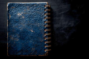 A well-used dark blue spiral notepad, its cover frayed with age, rests upon a stark charcoal background, evoking a sense of nostalgia and timelessness through its weathered appearance