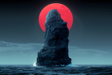 Rising majestically from the ocean, a towering rock formation partially obscures the glowing red moon, creating a dramatic and awe-inspiring scene that juxtaposes the natural elements of earth and sky