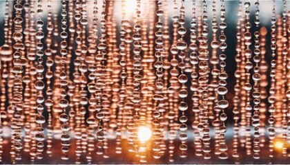 Naklejka premium A warm-toned, close-up image of raindrops on glass with soft focus sunlight in the background, evoking a cozy, tranquil atmosphere.. AI Generation