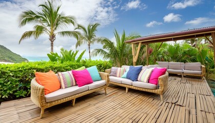 A tropical outdoor lounge with a bamboo sofa set, palm trees, and colorful outdoor cushions for a...