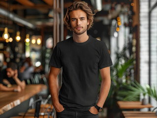A man wearing a black t - shirt standing in a restaurant.
