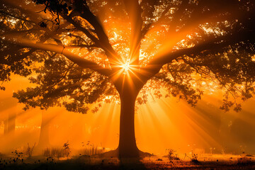 The radiant morning sun sends piercing rays of light through the network of branches, illuminating the tree and creating a dazzling display of light and shadow that heralds the start of a new day