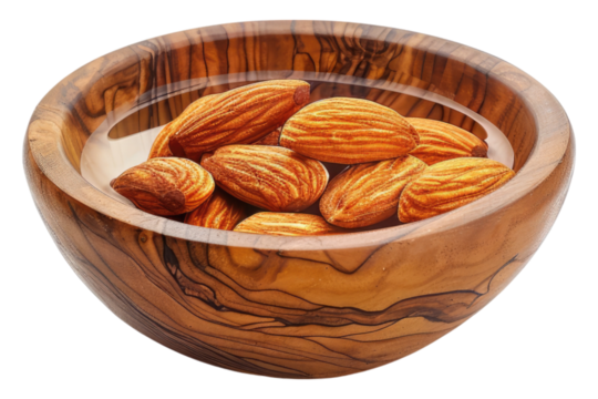 Almond oil in a wooden bowl isolated on transparent background
