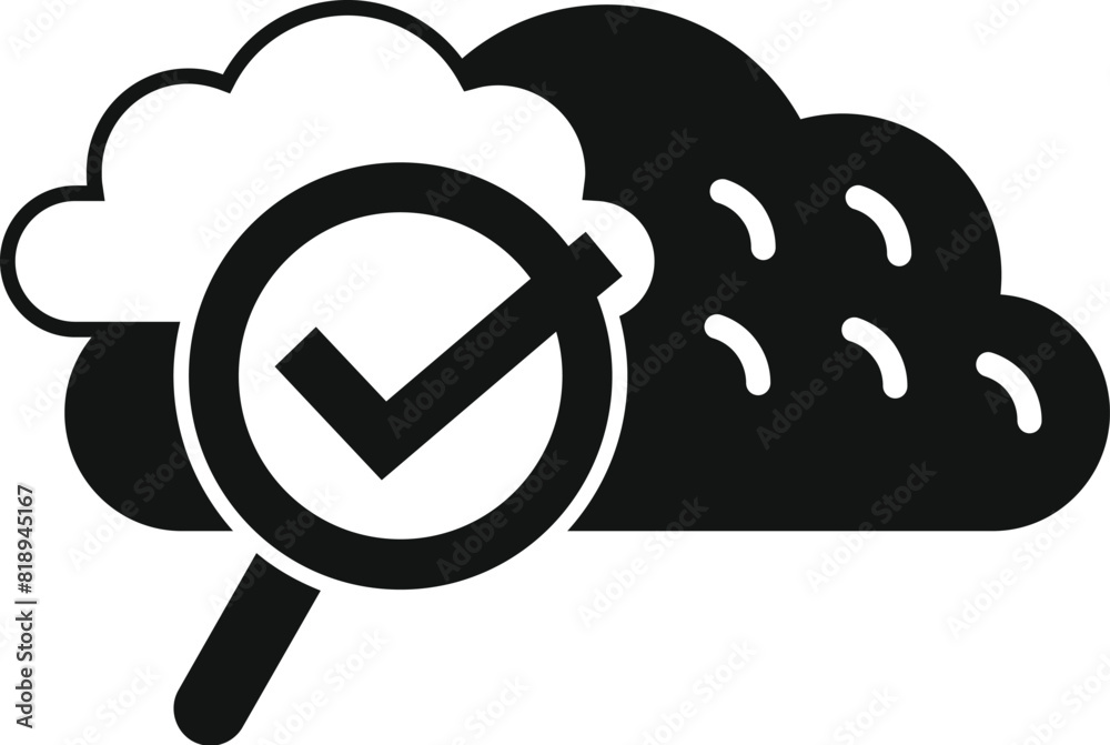 Poster cloud quality check icon with magnifying glass for data validation and security assurance in modern 