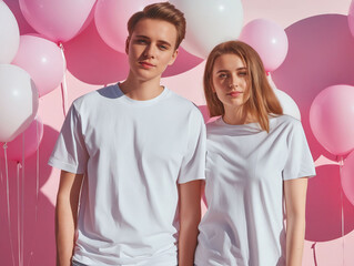 A young couple in white t - shirts standing in front of pink balloons.