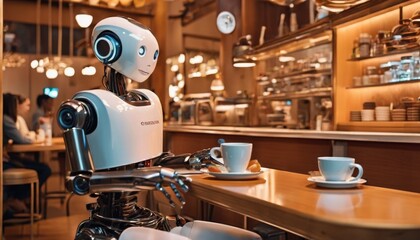 Fototapeta premium A humanoid robot barista skillfully serves coffee in a cozy cafe setting, showcasing modern automation.. AI Generation