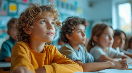 Fototapeta premium A child sitting at a desk in a classroom.