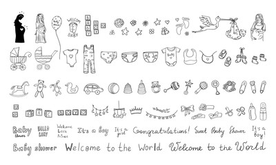 Large set of cute baby shower elements in doodle style. Baby shower boy and baby girl, rhappy mother, pregnant. Hand drawn. Great for invitation card, decoration party, design, print or advertising.