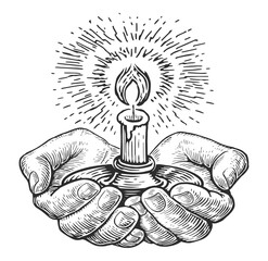 Hands holding burning candle in holder. Candlelight, candlestick. Hand drawn vector illustration sketch