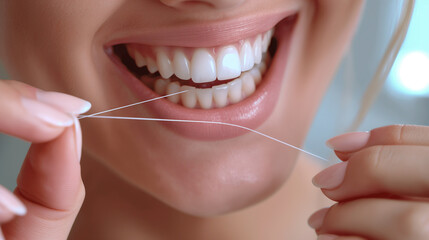 A person flossing their teeth with a mint-flavored floss, carefully threading it between their teeth, with a tidy bathroom counter and mirror in the background.