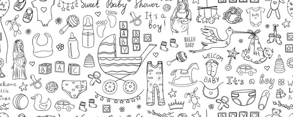 Seamless pattern of cute baby shower elements in doodle style. Baby shower boy and baby girl, happy mother, pregnant. Hand drawn. Great for invitation card, decoration party, design or advertising.