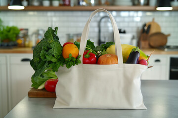 Close up of white tote Bag Brimming with fresh vegetables on kitchen counter