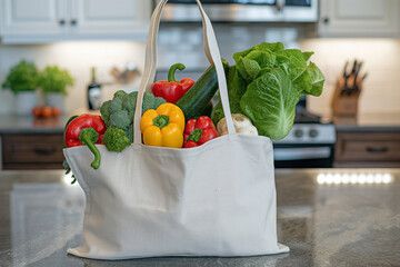 Cotton canvas tote bag with organic vegetables and fruits on kitchen counter