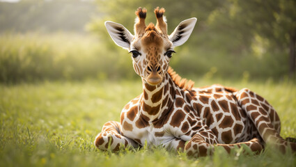 A baby giraffe is lying down in a grassy field, looking at the camera.