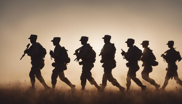 silhouette of soldiers on a morning run, lined up in a row in an open field