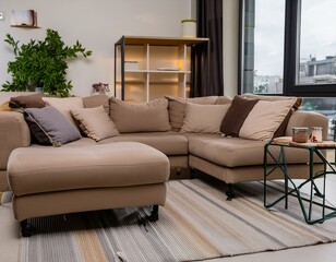 A compact and modular sofa set in neutral tones, placed in a small urban apartment with smart storage solutions and space-saving furniture.