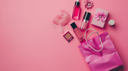 Bottle of perfume with flowers on pink color background Beauty, fashion and shopping concept. ai generative