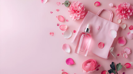 Bottle of perfume with flowers on pink color background Beauty, fashion and shopping concept. ai generative
